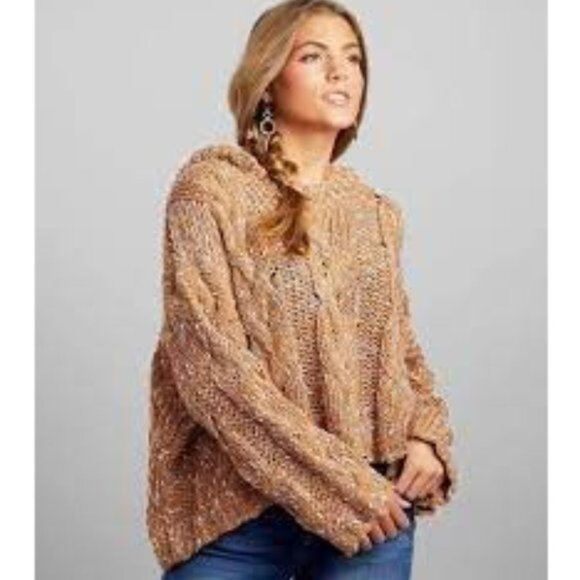 Hyfve Sweater Over-Sized Bulky V-Neck Cable Sweater Textured Hoodie Cream Small - Picture 3 of 7